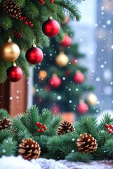 Obraz premium Cozy Christmas tree adorned with red and gold baubles