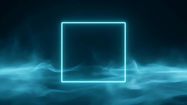 A cyan blue neon square frame in the fog digital render