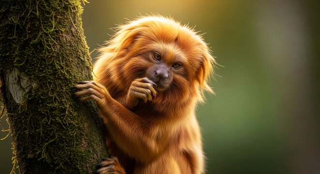 Golden Lion Tamarin clings to a mossy tree branch in its natural habitat with thoughtful expression