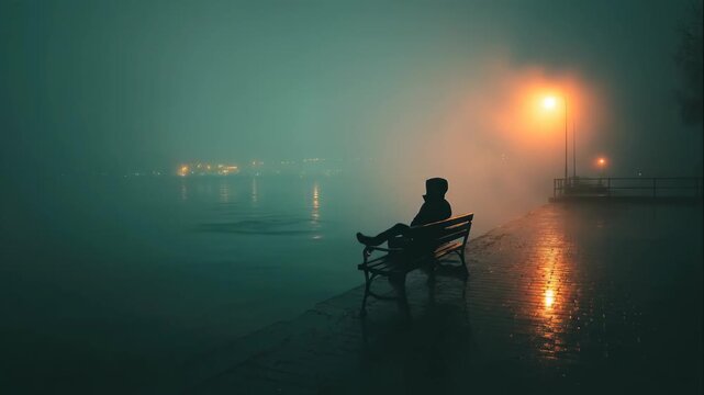 A contemplative person sits alone on a lakeside bench, shrouded in heavy mist at dusk. An amber streetlamp glows, casting long reflections upon the wet ground, evoking deep feelings of isolation.