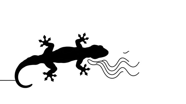 Minimalist continuous line art drawing of a gecko on white.
