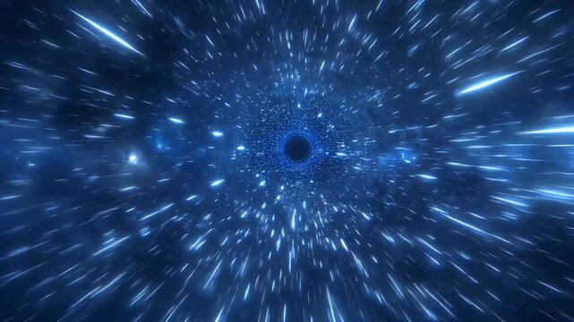 Digital representation of hyperspace jump through a blue wormhole or black hole