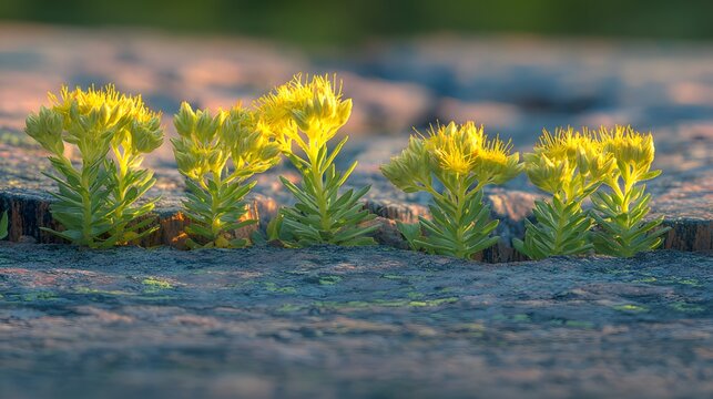 rhodiola. Rhodiola plants with yellow flowers growing from a crack in high-altitude granite. gardening catalogs, home-decor guides, designed for gardening and botanical catalogs.