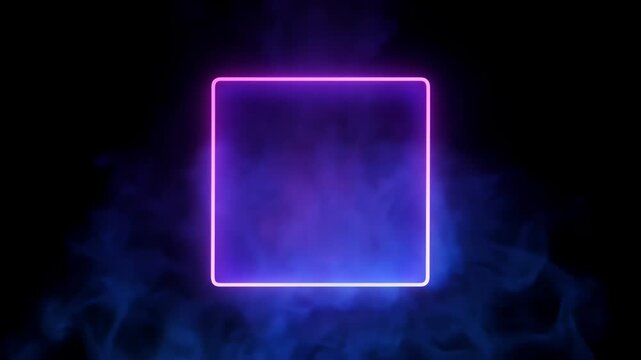 Glowing square neon frame against dark backdrop with smoky blue fog effect