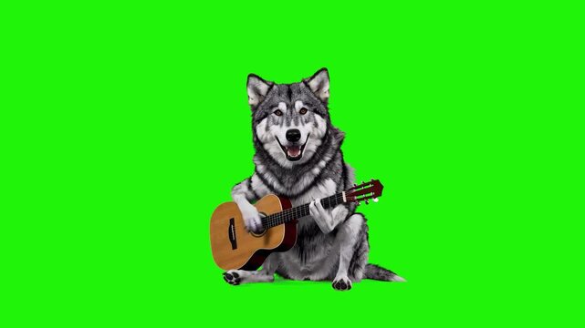 A humorous 2D stylized illustration or animation loop of a realistic grey wolf or husky sitting down and actively strumming an acoustic classical guitar against a solid chroma key green screen backgro
