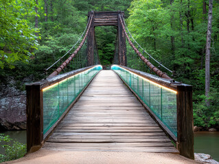 Fototapeta premium Wooden bridge suspension bridge glass railing led light forest river walkway perspective, serene evening crossing above water amid green trees