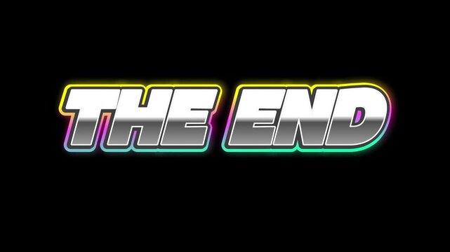 Glossy chrome lettering 'The End' with vibrant neon glow, a bold typographic statement marking finality and a cinematic conclusion on a deep black background