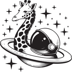 Surreal Giraffe and Astronaut Helmet Floating in Saturn Rings – Whimsical Black and White Space Vector Illustration of Cosmic Wildlife and Sci-Fi Exploration for Creative Posters and Graphic Design © Dishari Team