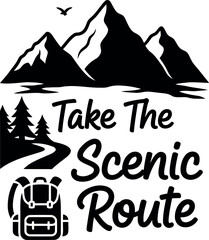 Adventure Hiking Quote with Mountain Silhouette, Backpack, and Scenic Route Typography Design © Vector World