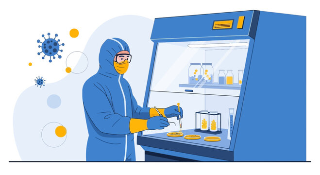 Scientist in hazmat suit works in biosafety cabinet with virus research and petri dishes