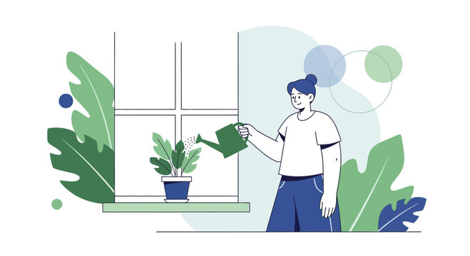 Woman watering a houseplant on a windowsill with a watering can, surrounded by green leaves.