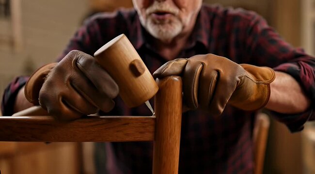 Senior carpenter using a mallet to repair wooden furniture in workshop