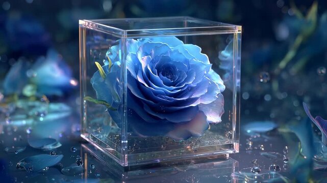 Blue rose glass cube preserved flower fantasy bloom glowing petals dreamy light magic mood