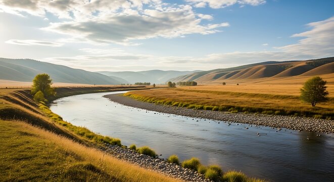 Serene river landscape with rolling hills.