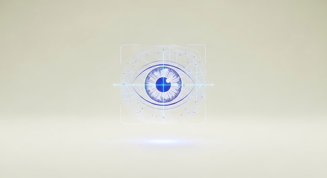 Futuristic eye scan with glowing blue iris and advanced technology interface