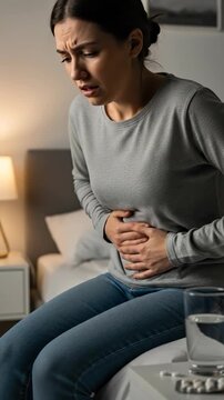 Young woman, intense abdominal pain, severe digestive discomfort, suffering from an intestinal disease, seeking symptom relief, medication, glass of water, home environment