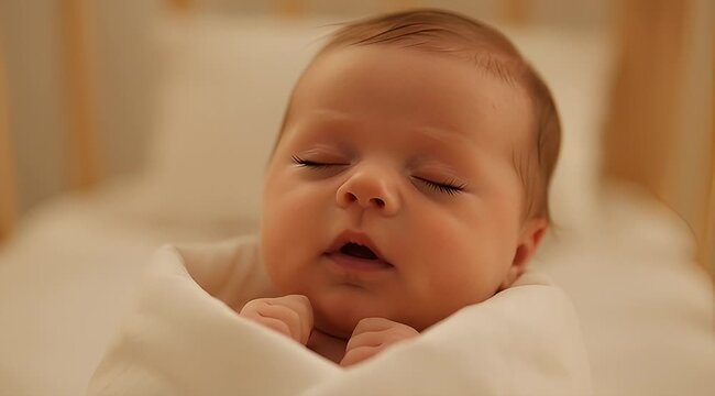 Peaceful slumber of a newborn baby wrapped in a soft white blanket