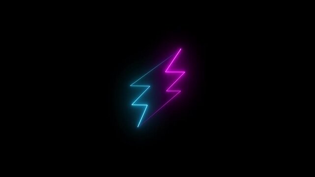 Glowing neon lightning bolt futuristic energy symbol animation . Pink and navy blue color icon on black background.