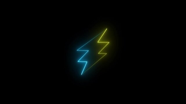 Glowing neon lightning bolt futuristic energy symbol animation . Yellow and navy blue color icon on black background.