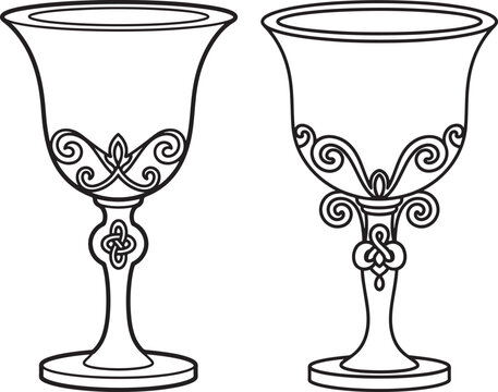 Ornate outline icons of chalices or goblets with decorative swirls, symbolizing celebration, royalty, or vintage drinks