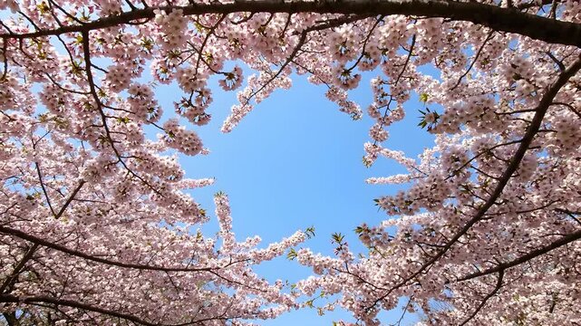Cinematic 4k footage of delicate cherry blossoms framing a clear blue sky, capturing the essence of spring's gentle beauty