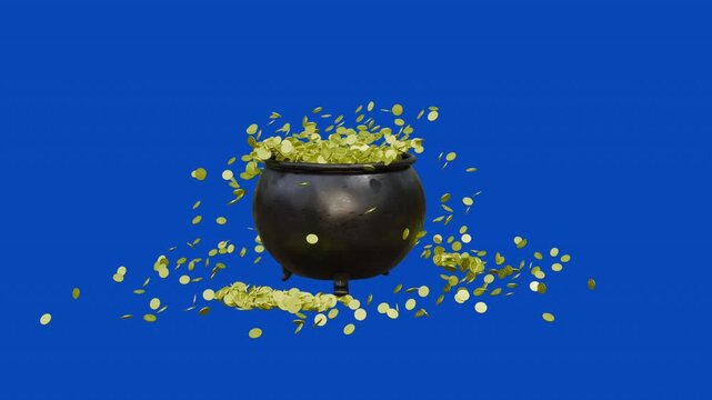 Pot of gold coins overflowing, isolated with chroma key blue screen for transparent background, 3D illustrative animated theme of wealth, money, riches, casino winnings, Irish leprechaun treasure