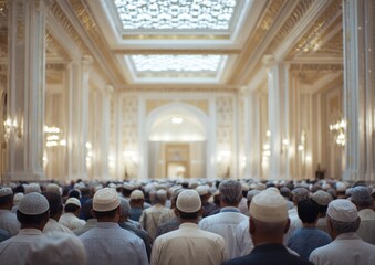Fototapeta premium Men Gathering in Grand Mosque for Prayer.