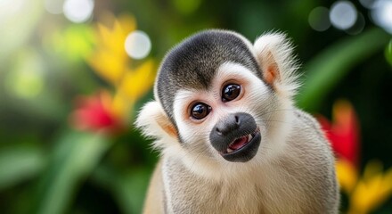 Obraz premium Captivating Squirrel Monkey Portrait Amidst Lush Foliage and Vibrant Flowers, A curious primate gaze