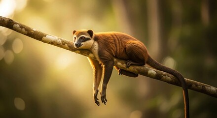 Fototapeta premium Cute brown monkey resting on tree branch in the jungle with soft light filtering, serene animal