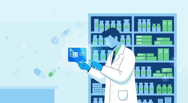 Pharmacist holding digital prescription in modern pharmacy with shelves of medicine