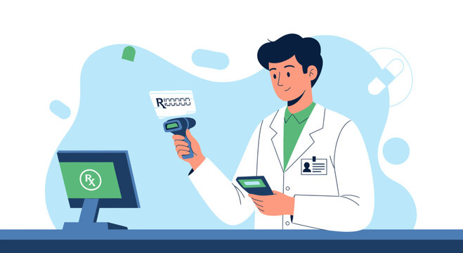 Pharmacist scanning prescription with barcode reader at counter, modern pharmacy technology