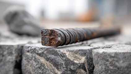 Rebar on Concrete Construction Site Closeup.