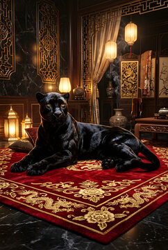 A photorealistic black panther in a luxury oriental interior