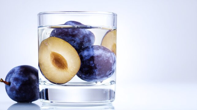 schnapps. Crystal glass filled with clear plum schnapps and whole fruits, natural light. bar promotions, beverage menus, designed for food & beverage menus and cafe branding.