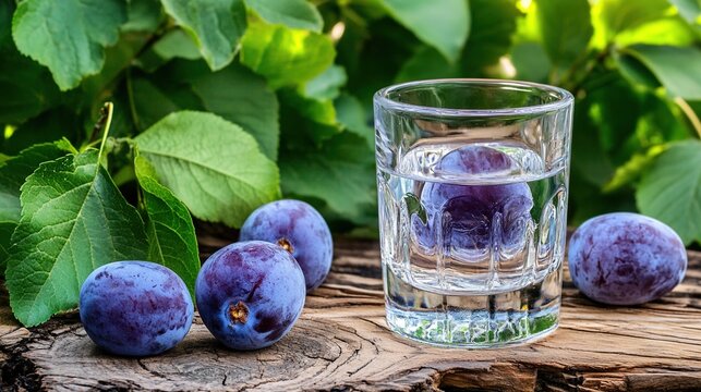 schnapps. Crystal glass filled with clear plum schnapps and whole fruits, natural light. bar promotions, beverage menus, designed for food & beverage menus and cafe branding.