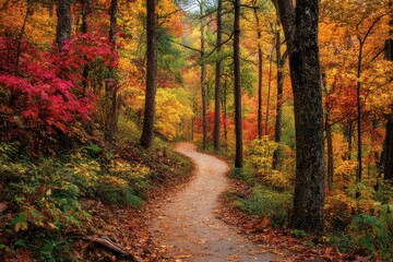 Obraz premium Winding Path Through Vibrant Autumn Forest with Colorful Foliage.