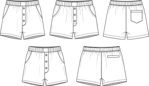 Men's Lounge Shorts Technical Flat Sketch Set, Boxer Shorts with Button Fly, Elastic Waistband Sleepwear, CAD Drawing Flat Vector Illustration Template