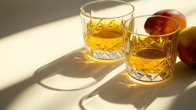 schnapps. Crystal glass filled with clear plum schnapps and whole fruits, natural light. bar promotions, beverage menus, designed for food & beverage menus and cafe branding.