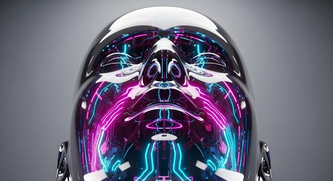 Cabeza rob&oacute;tica transl&uacute;cida con patrones de placas de circuitos de ne&oacute;n que iluminan sus caracter&iacute;sticas.