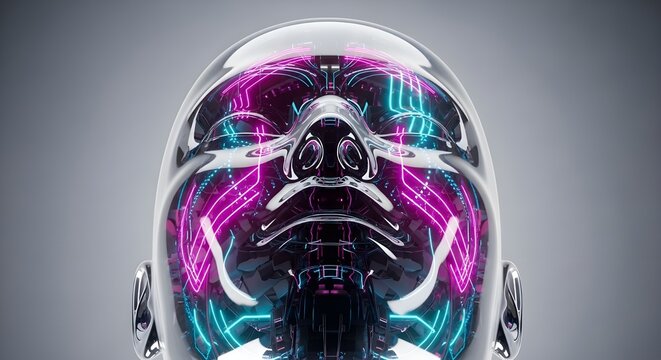 Cabeza rob&oacute;tica transl&uacute;cida con patrones de placas de circuitos de ne&oacute;n que iluminan sus caracter&iacute;sticas.