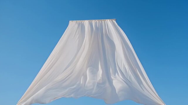 White fabric flowing in the wind against a bright blue cloudless sky