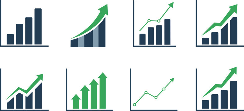 Business growth charts collection with bar graphs and upward arrows financial analytics vector icons set