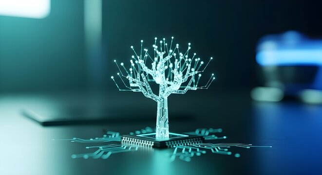 El &aacute;rbol digital crece en el teclado de la placa de circuito.
 IA generada