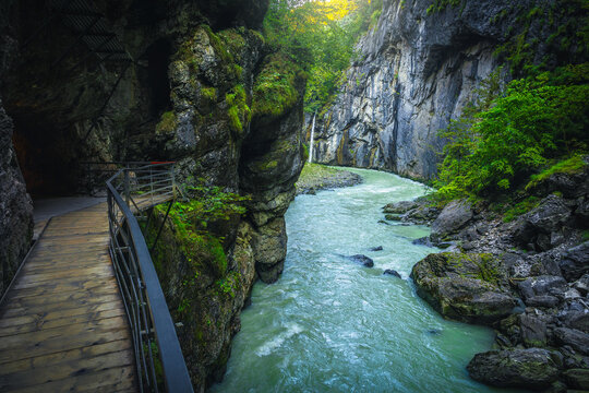 Wooden tourist footbridge in the Aare gorge, Meiringen, Switzerland