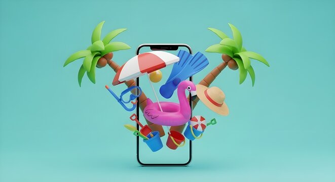Elementos de viaje creativos en smartphone.
 Reserva de billetes online en la aplicaci&oacute;n m&oacute;vil.
 representaci&oacute;n 3d