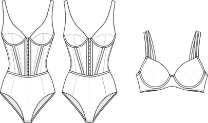 Technical CAD flat vector illustration featuring women's underwire corset bodysuit with hook and eye front closure and matching classic balconette bra