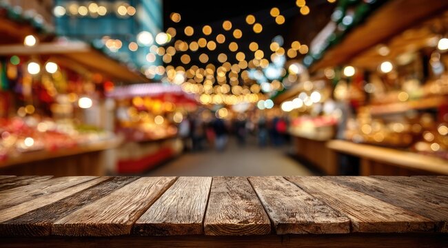 Empty wooden table with blurred night market background.