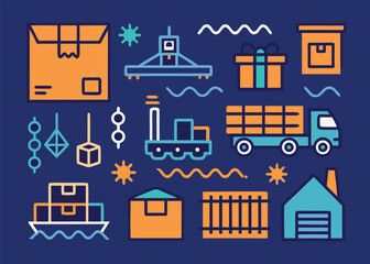 Fototapeta premium A set of logistics and transport icons showing a shipping container ship and a cargo truck on a dark blue background.