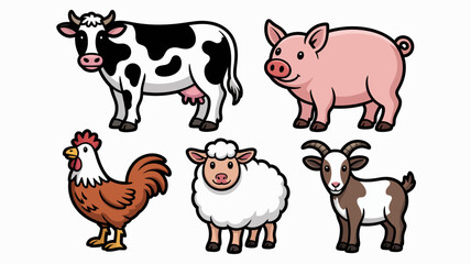 Fototapeta premium Illustration of farm animals including cow, pig, rooster, sheep, and goat in a farm setting