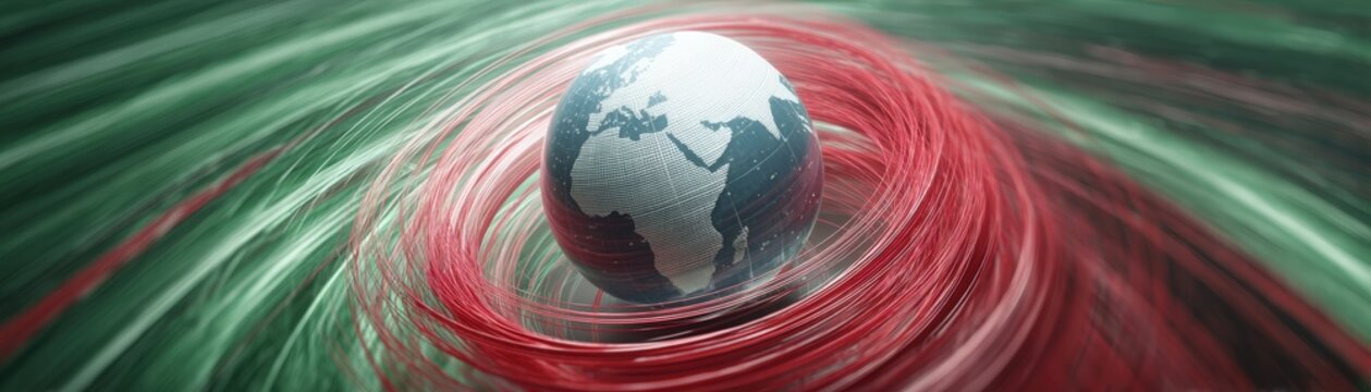 A globe encircled by a thin red and green light ring global connection, unity, and modern technology in a sleek digital design, the US - Iran Conflict Effects